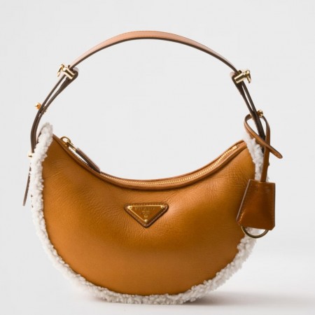 Prada Arque Small Shoulder Bag in Brown Leather with Shearling 
