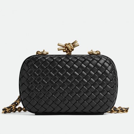 Bottega Veneta Knot Clutch with Chain in Black Intrecciato Lambskin