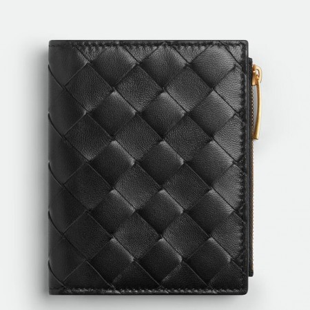Bottega Veneta Small Bi-Fold Wallet in Black Intrecciato Lambskin