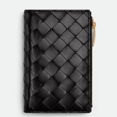 Bottega Veneta Medium Bi-Fold Wallet in Black Intrecciato Lambskin