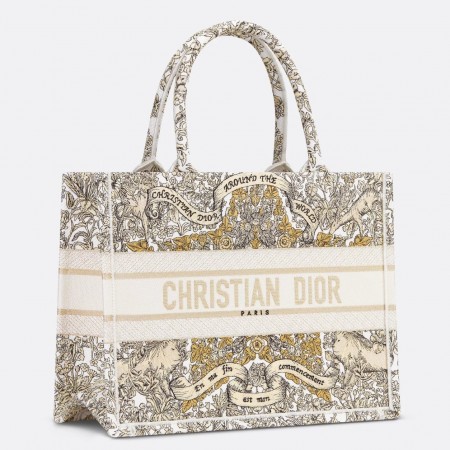 Dior Medium Book Tote Bag in Gold-Tone Dior Around the World Embroidery 