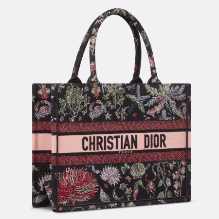 Dior Medium Book Tote Bag in Black Raffia with Dior Cabinet de Curiosites