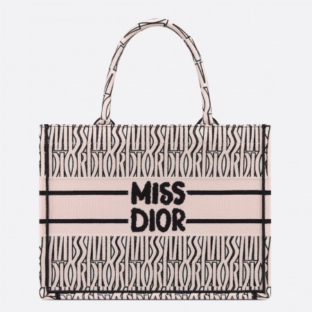 Dior Medium Book Tote Bag in Pink Miss Dior Allover Embroidery