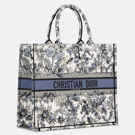 Dior Large Book Tote Bag in Denim Blue Dior Chardons Embroidery