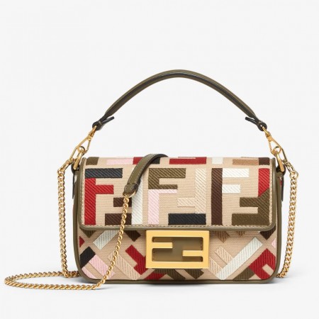 Fendi Baguette Mini Bag in Canvas with Multicolor FF Embroidery 