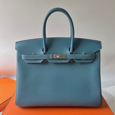 Hermes Birkin 35 Retourne Handmade Bag in Blue Jean Swift Leather