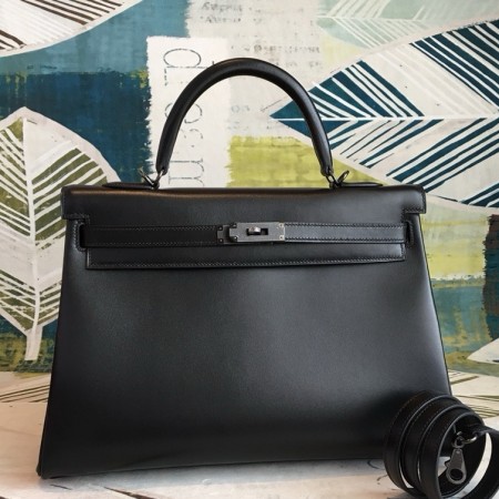 Hermes Kelly Sellier 35 Handmade Bag In Black Box Calfskin 