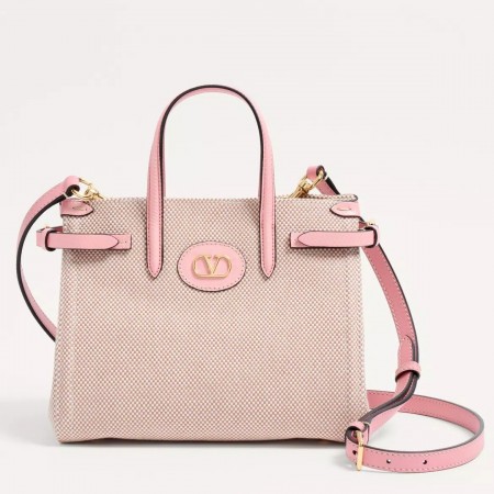 Valentino Antibes Small Shopping Bag in Canvas with Pink Leather