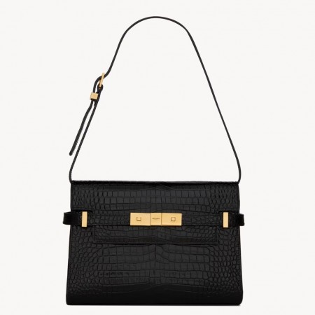 Saint Laurent Manhattan Small Shoulder Bag in Black Crocodile Embossed Calfskin