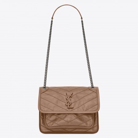 Saint Laurent Baby Niki Chain Bag In Taupe Crinkled Leather