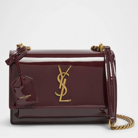 Saint Laurent Sunset Medium Chain Bag in Bordeaux Patent Calfskin