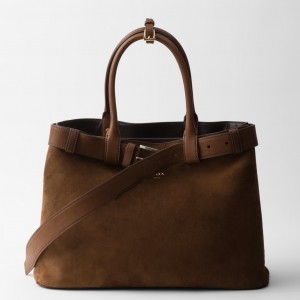 Prada Buckle Large Handbag with Belt in Cocoa Suede Calfskin 