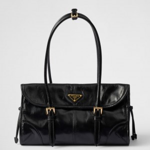 Prada Medium Shoulder Bag with Flap in Black Calfskin