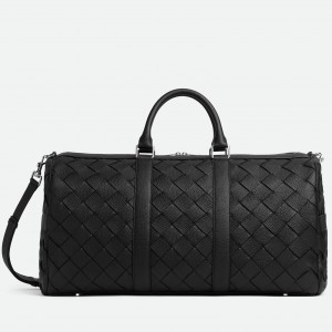 Bottega Veneta Medium Duffle Bag in Black Intrecciato Grained Calfskin