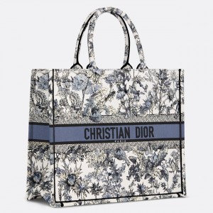 Dior Large Book Tote Bag in Denim Blue Dior Chardons Embroidery
