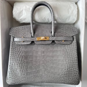 Hermes Birkin 25 Retourne Handmade Bag in Gris Ciment Shiny Alligator Leather
