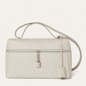Loro Piana Extra Bag L27 in White Ostrich Embossed Leather