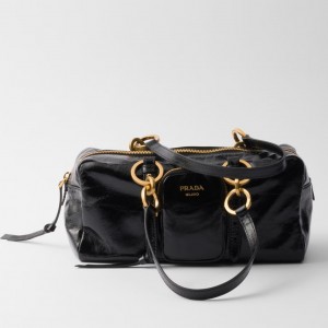 Prada Dangle Top-handle Medium Bag in Black Vintage Leather