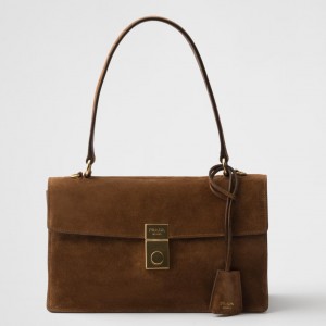 Prada Soft Sound Medium Shoulder Bag in Brown Suede Calfskin