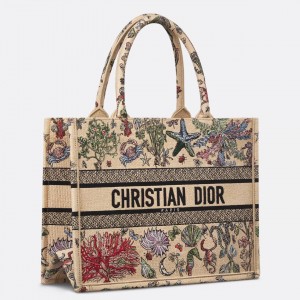 Dior Medium Book Tote Bag in Beige Raffia with Dior Cabinet de Curiosites