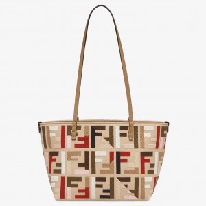 Fendi Small Roll Tote in Canvas with Multicolor FF Embroidery