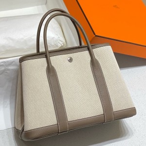 Hermes Garden Party 30cm Bag in Toile and Taupe Leather 