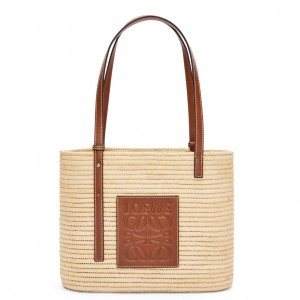 Loewe Small Square Basket Bag in Raffia and Brown Calfskin 