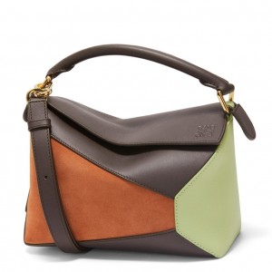 Loewe Puzzle Small Bag in Tan Suede and Chocolate Calfskin