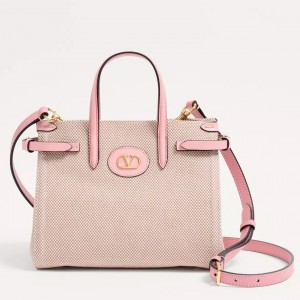 Valentino Antibes Small Shopping Bag in Canvas with Pink Leather