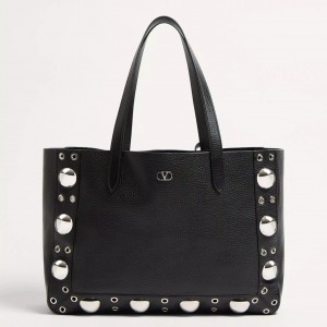 Valentino Nellcote Medium Shopping Bag in Black Grained Calfskin