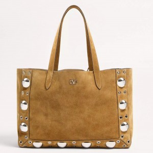 Valentino Nellcote Medium Shopping Bag in Brown Suede Calfskin