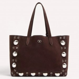 Valentino Nellcote Medium Shopping Bag in Chocolate Suede Calfskin