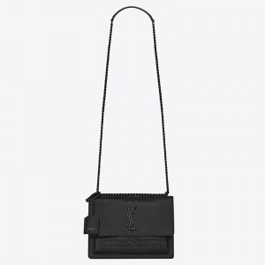 Saint Laurent Sunset Medium Bag In Noir Crocodile Embossed Leather